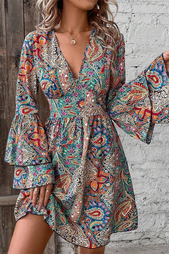 Summer Flare Sleeves V Neck Boho Printed Dress ZK1868: Multi / S