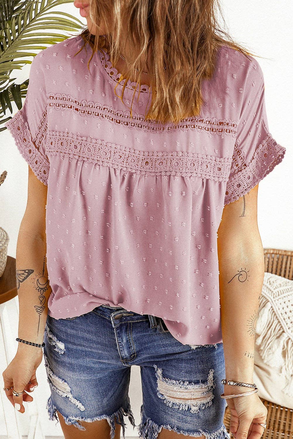 Circle Lace Dotted Top: L / Pink