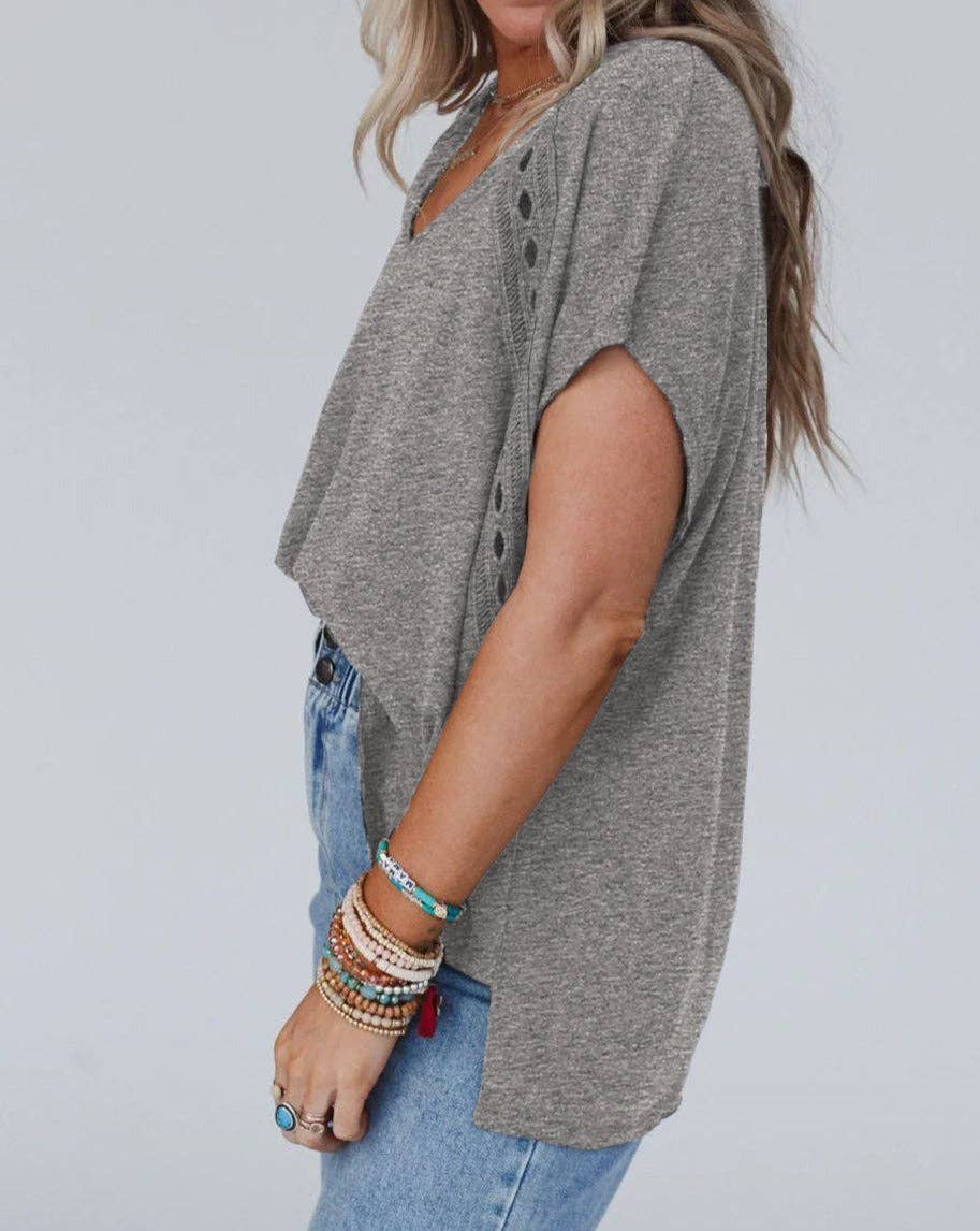 Lace Trim Oversized V-Neck Tee: Gray / L