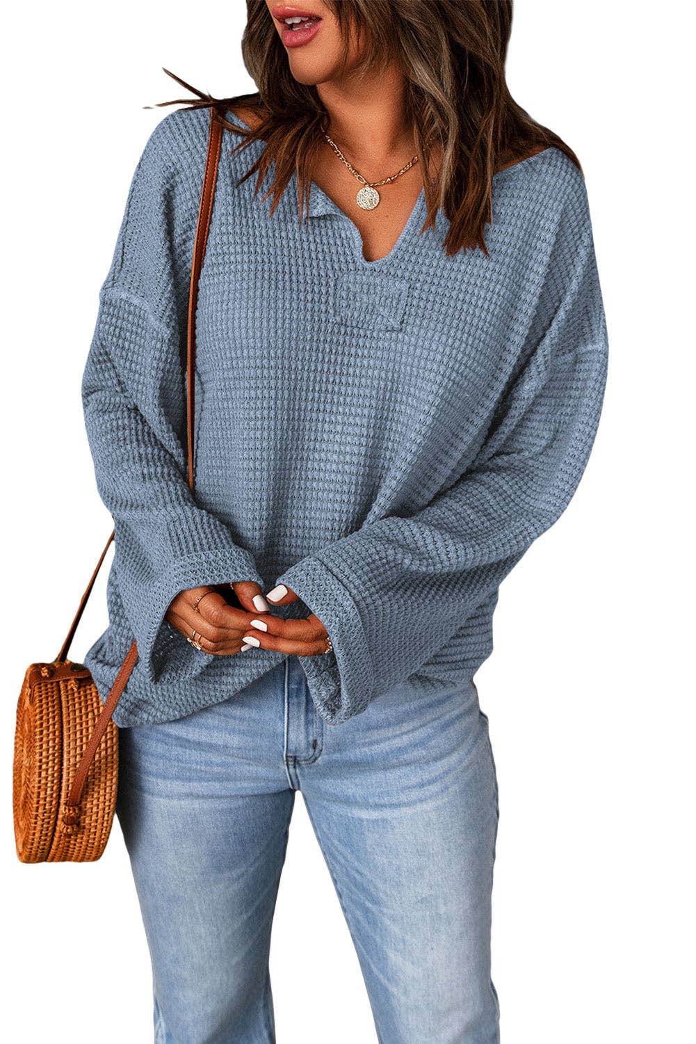 Waffle Wide Long Sleeve Top: Purple / L