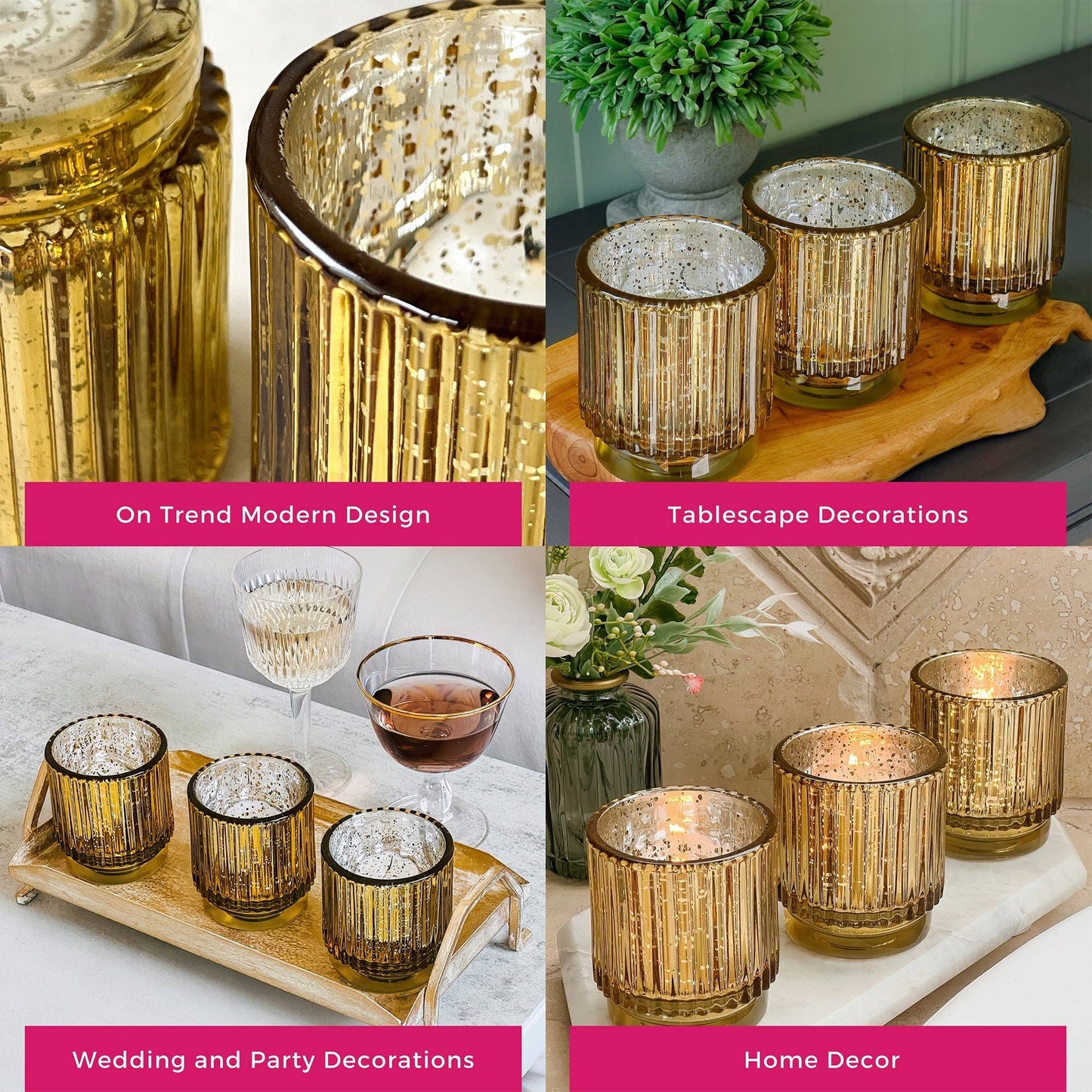 Ribbed Gold Glass Votive Candle Holder (Set of 6)