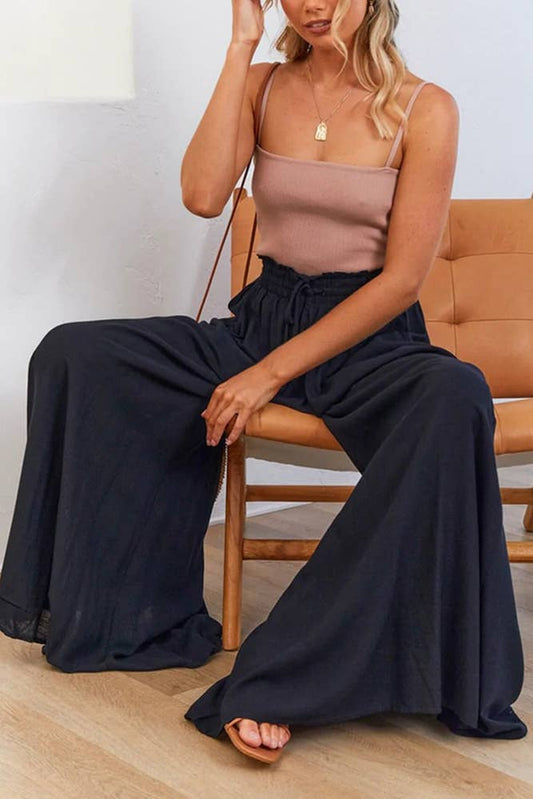 High Waist Wide Leg Pants With Drawstring BTMW245: Black / 2XL