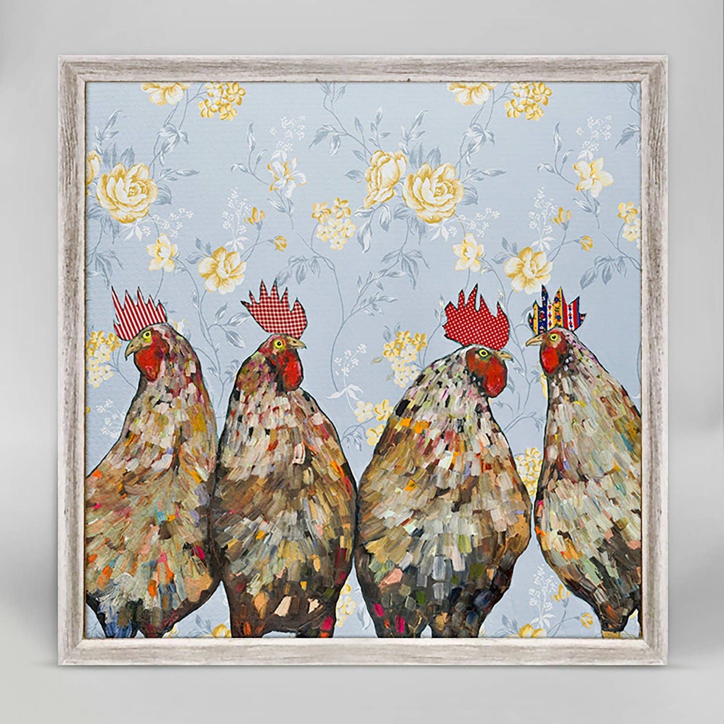 Roosters - Floral Mini Framed Canvas