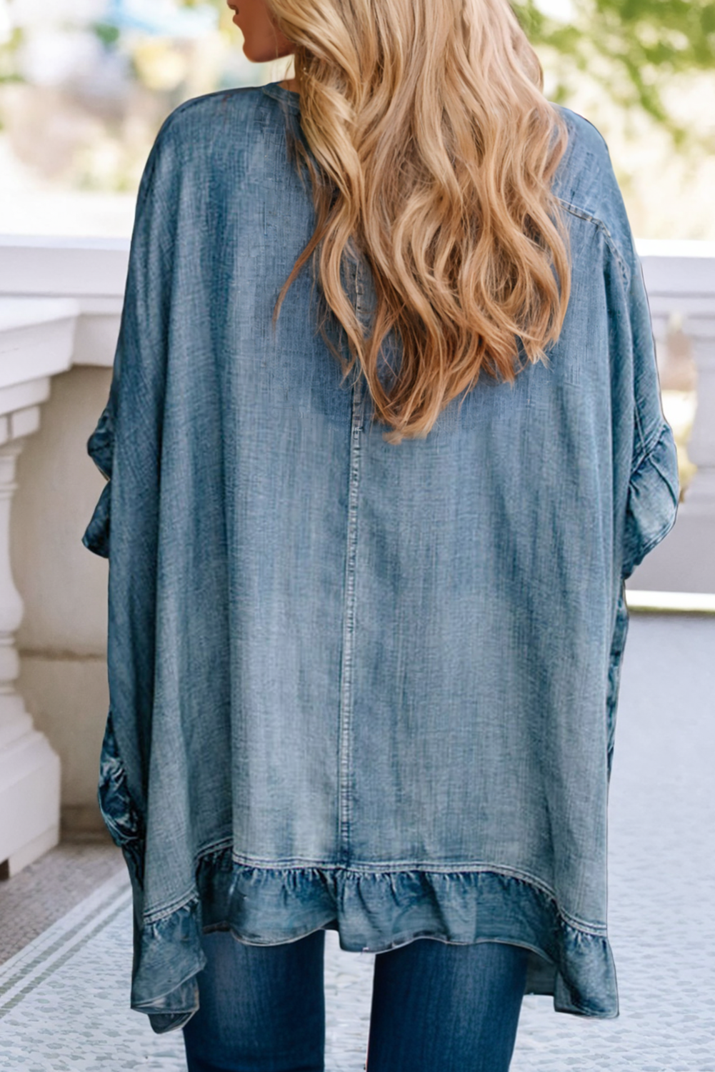 LDC Half Sleeve Ruffled Edge Chambray Open Kimono : Dusk Blue / Missy / L