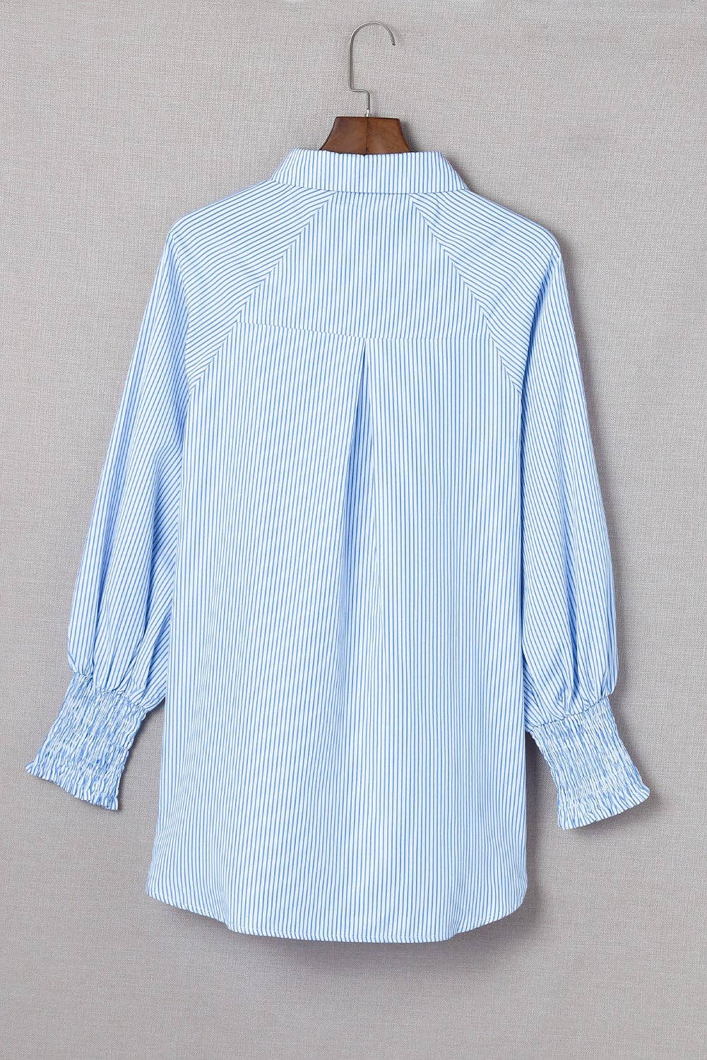 Striped Smocked Sleeve Buttoned Shirt: L / Black