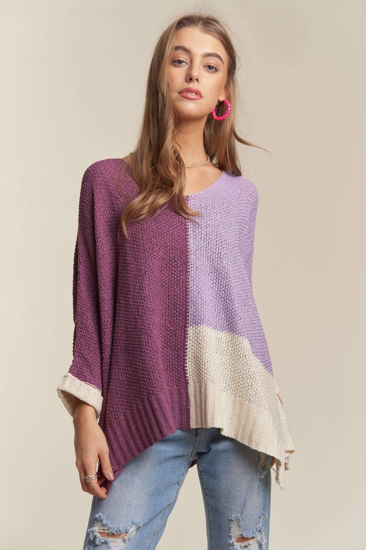 CESW3416 - LIGHTWEIGHT COLORBLOCK SWEATER TOP: LILAC / M/L