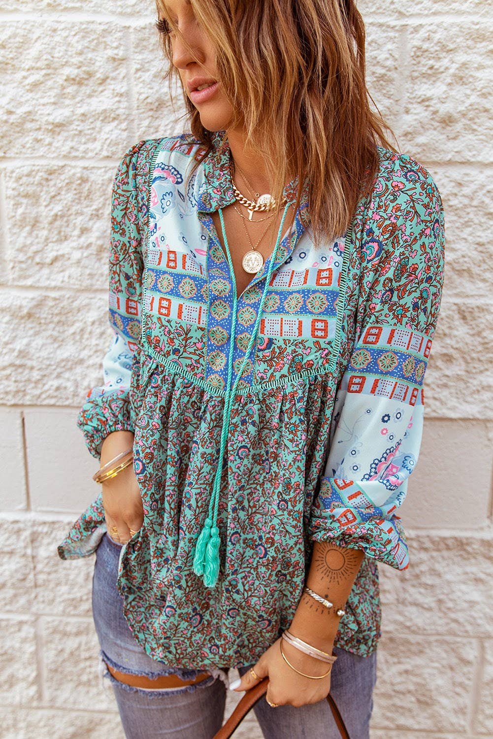 Tassel Floral Boho Top: L / Green