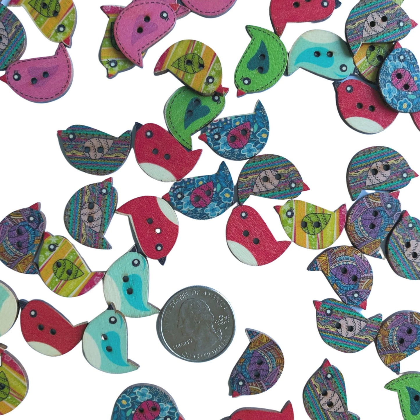 Colorful Random Mix Of Wooden Bird Buttons - Bird Buttons, W: 10 Buttons