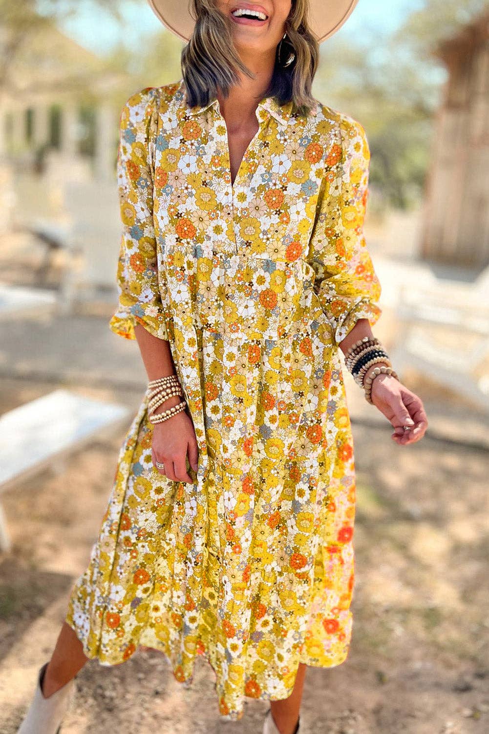 Boho Floral Collared Long Sleeve Ruffled Dress: Orange / L