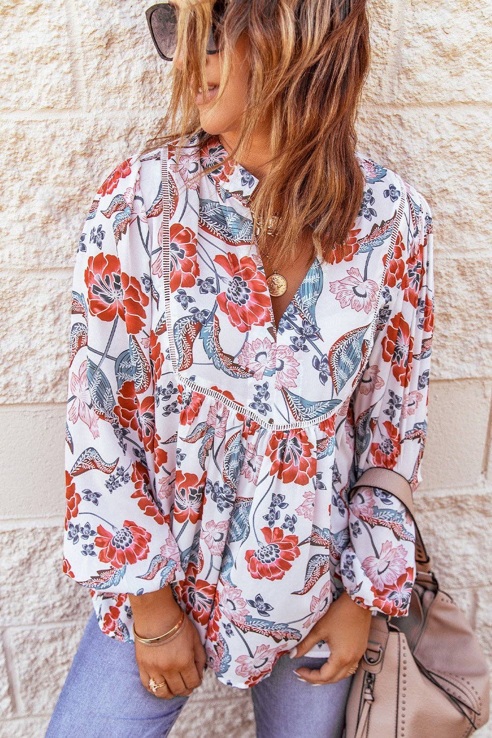 Tassel Floral Boho Top: L / Red