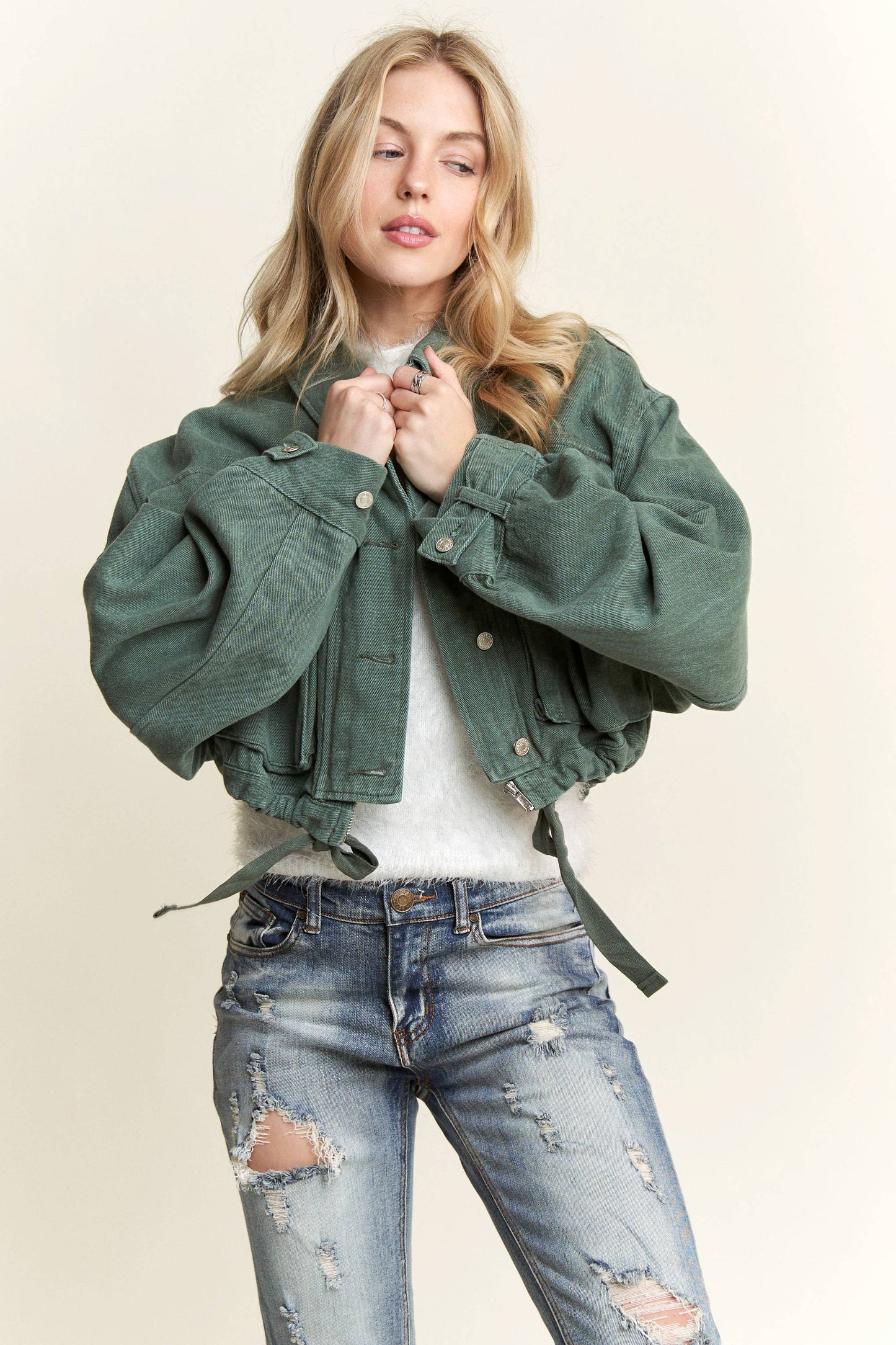 CEJ3653 - DRAWSTRING WAIST WASHED DENIM JACKET: FOREST GREEN / M