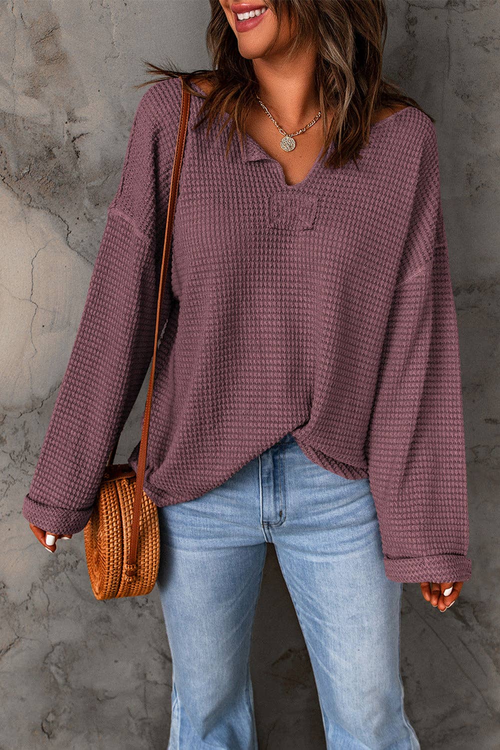 Waffle Wide Long Sleeve Top: Purple / S