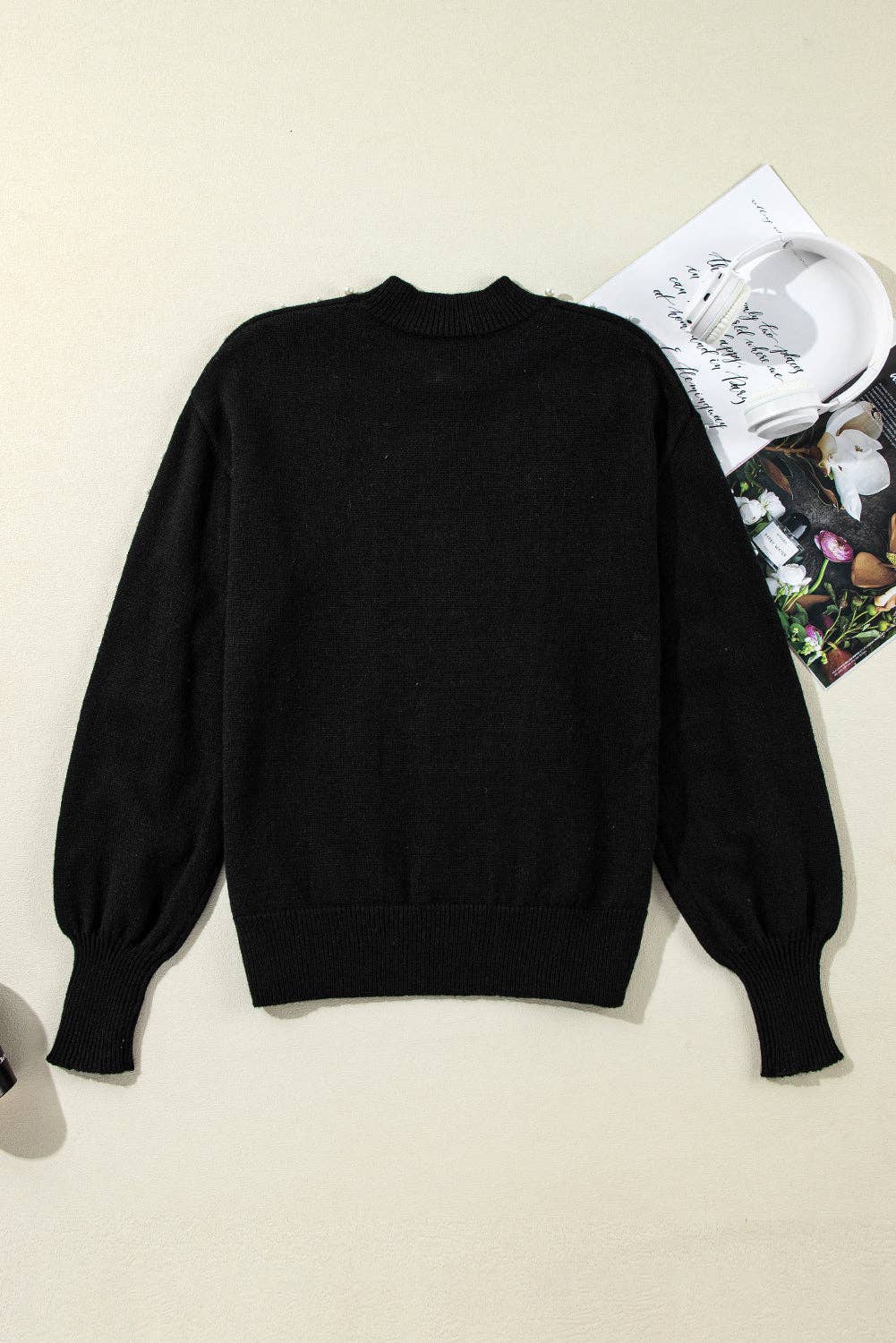 Pearl Beaded Bishop Sleeve Sweater: Black / XL