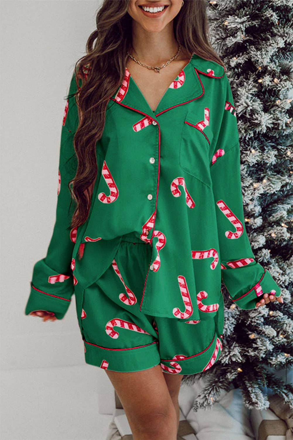 Candy Cane Shirt and Shorts Pajama Set: Green / S