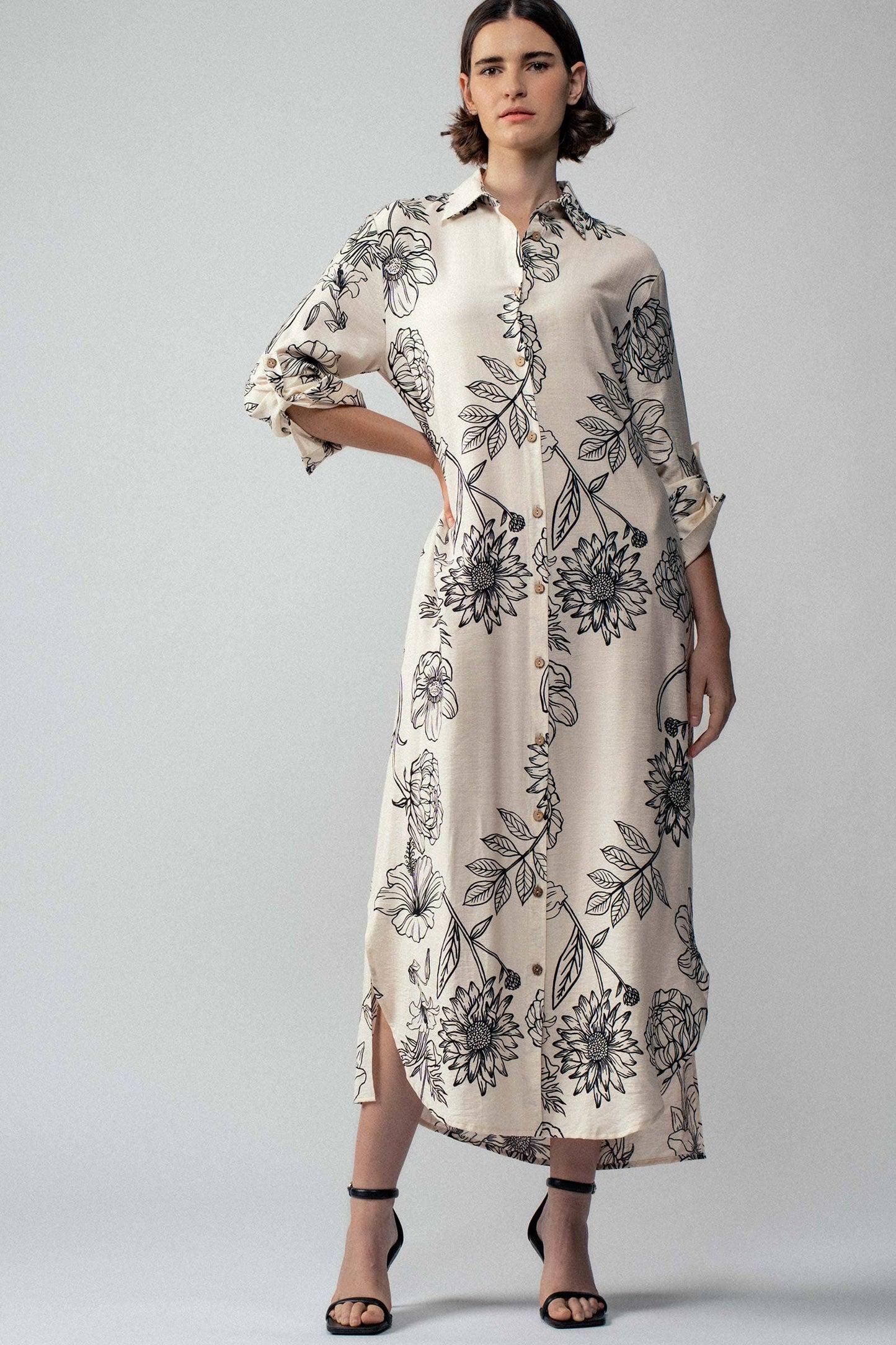 Relaxed Collared Button-Down Maxi Summer Dress: BLACK / S-2/M-2/L-2