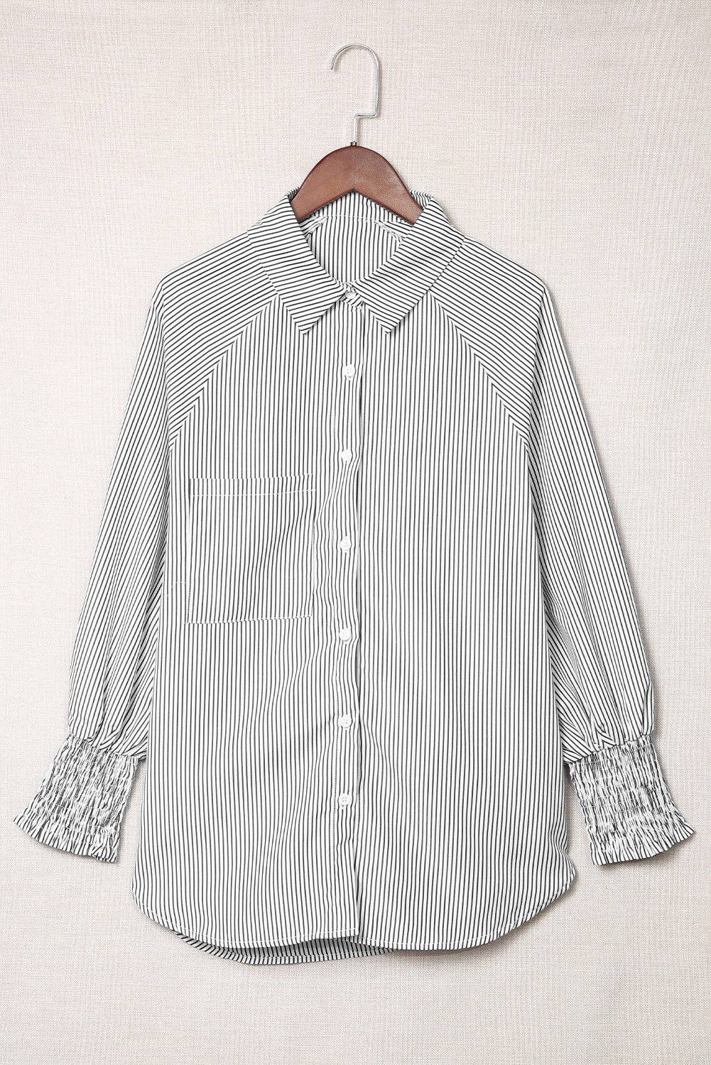 Striped Smocked Sleeve Buttoned Shirt: L / Black