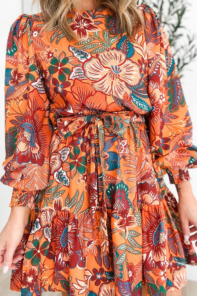 Floral Bubble Sleeve Belted Dress: Orange