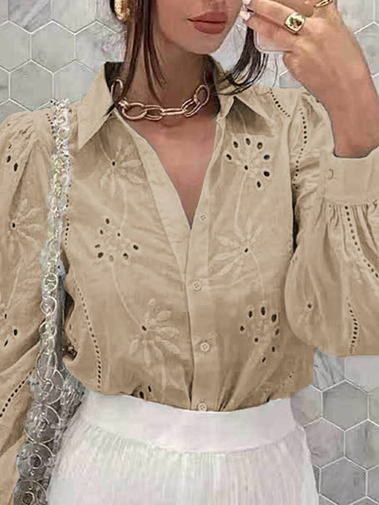 Eyelet Puff Long Sleeves V-neck Shirt DY248: White / M