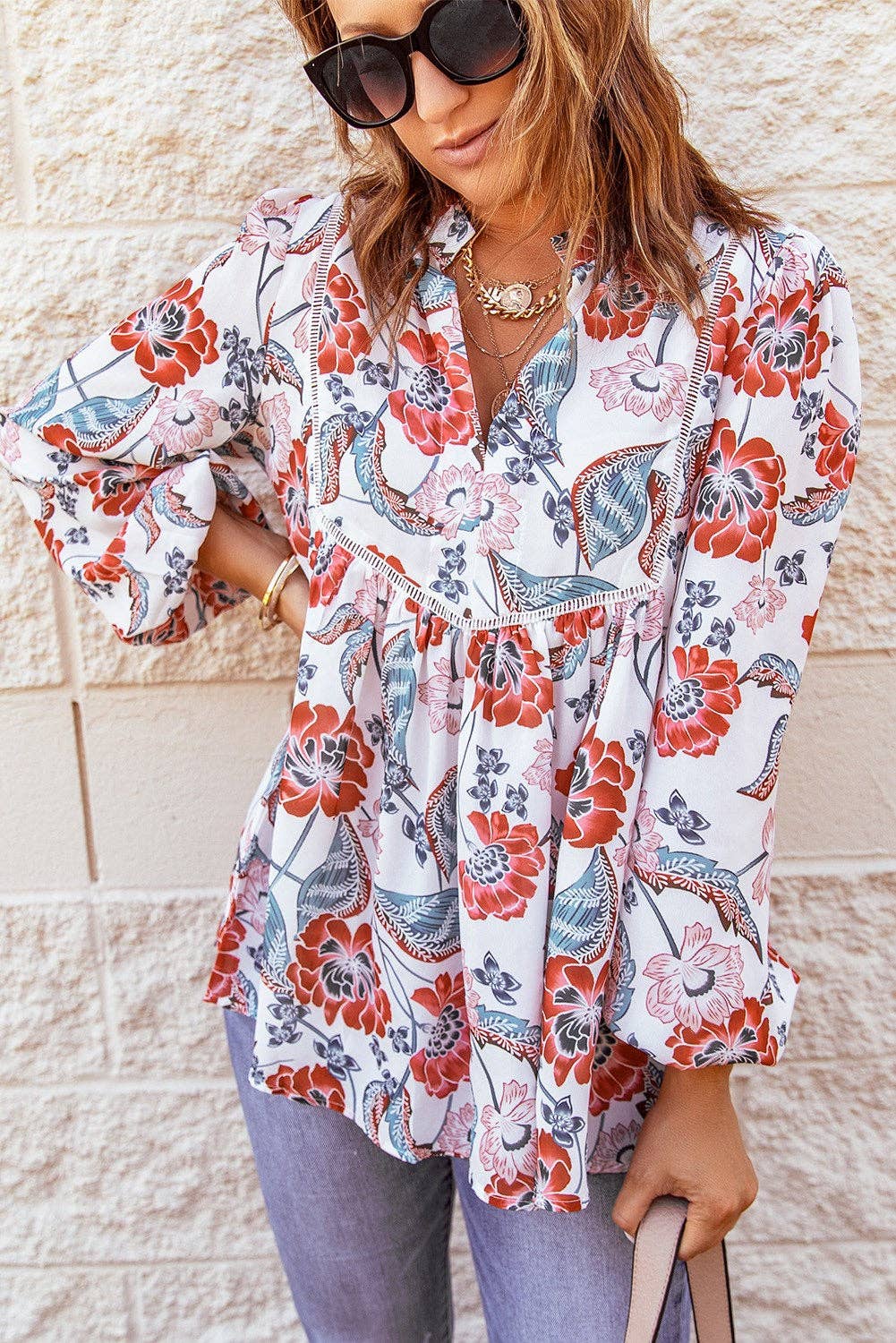 Tassel Floral Boho Top: XXL / Red