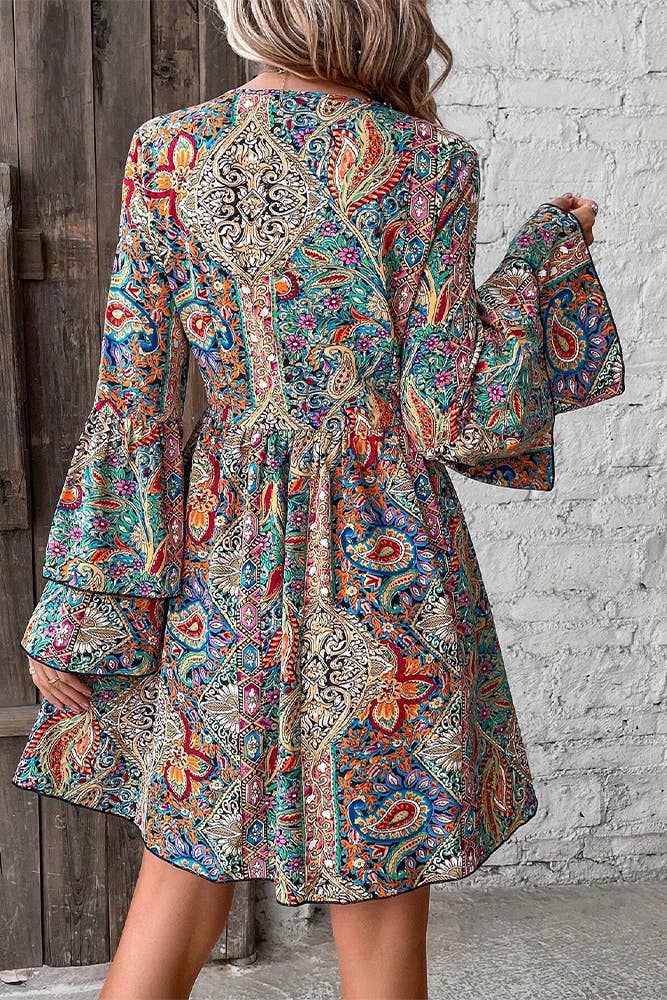 Summer Flare Sleeves V Neck Boho Printed Dress ZK1868: Multi / S