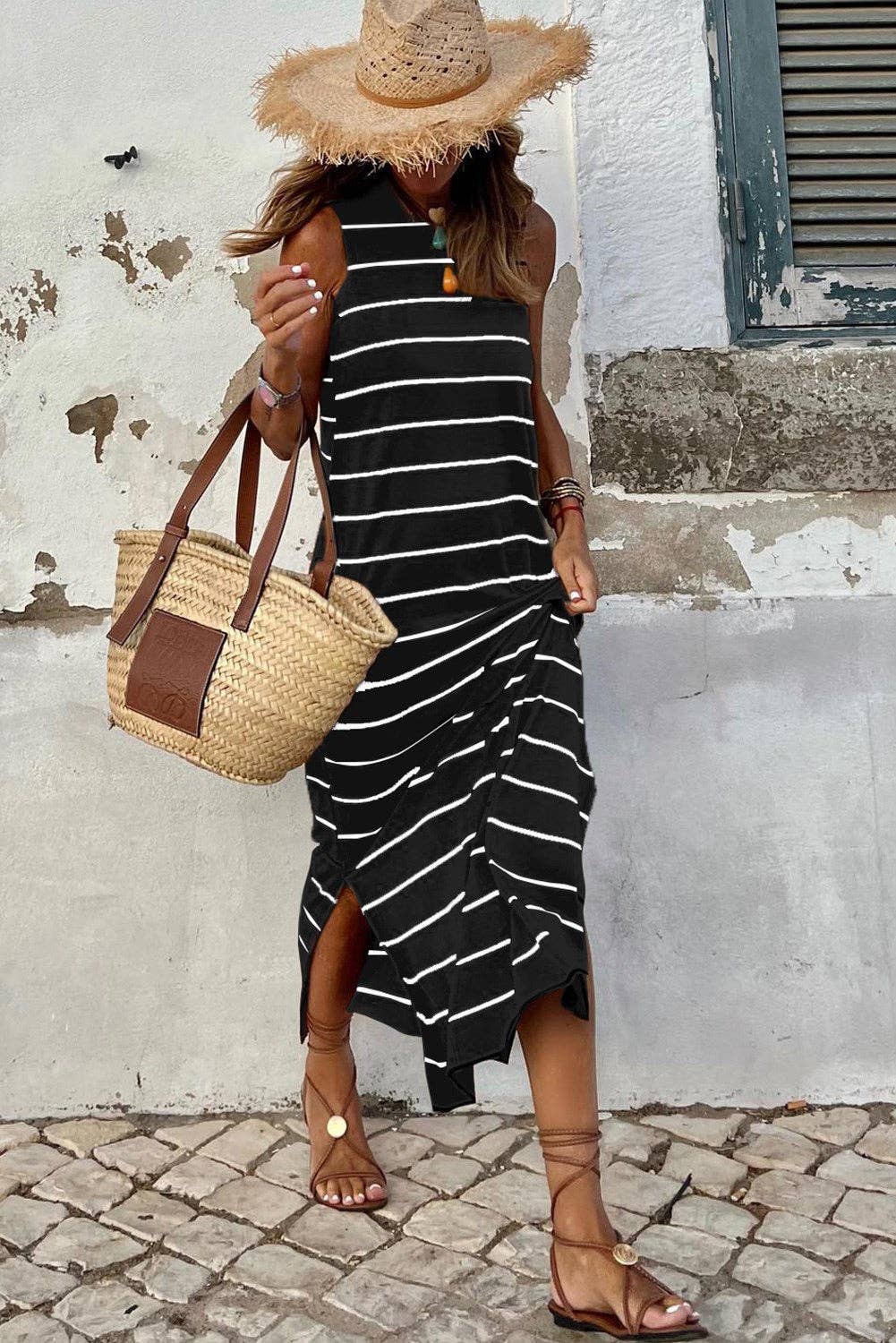 Sleeveless Striped Maxi Dress: L / Black