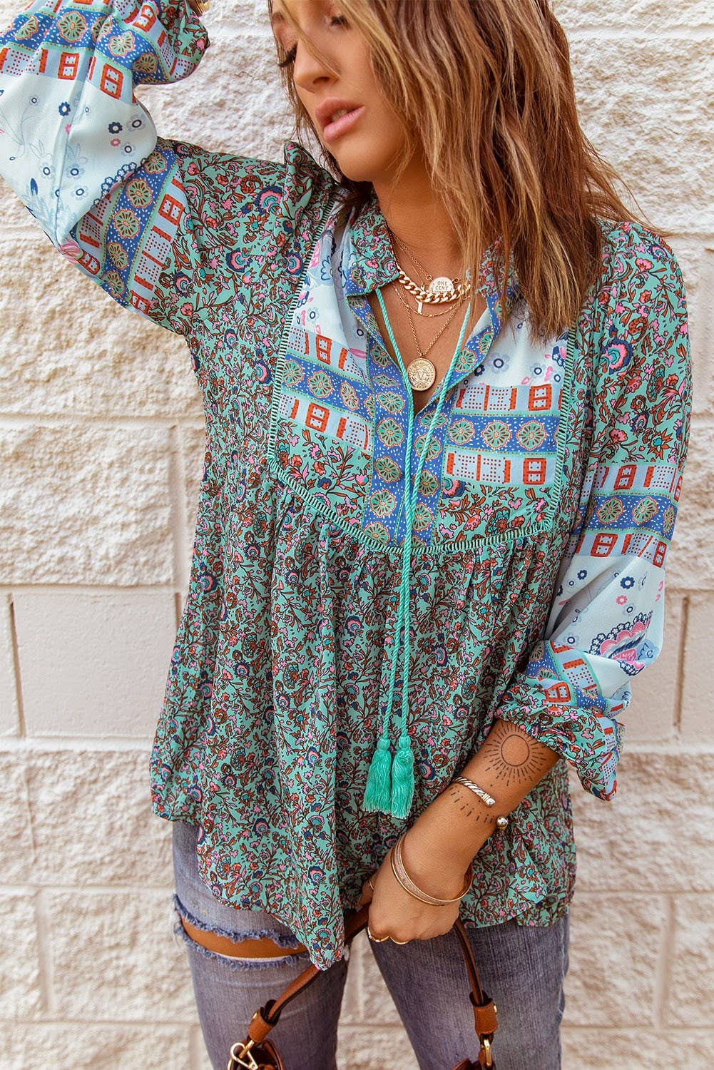 Tassel Floral Boho Top: L / Green