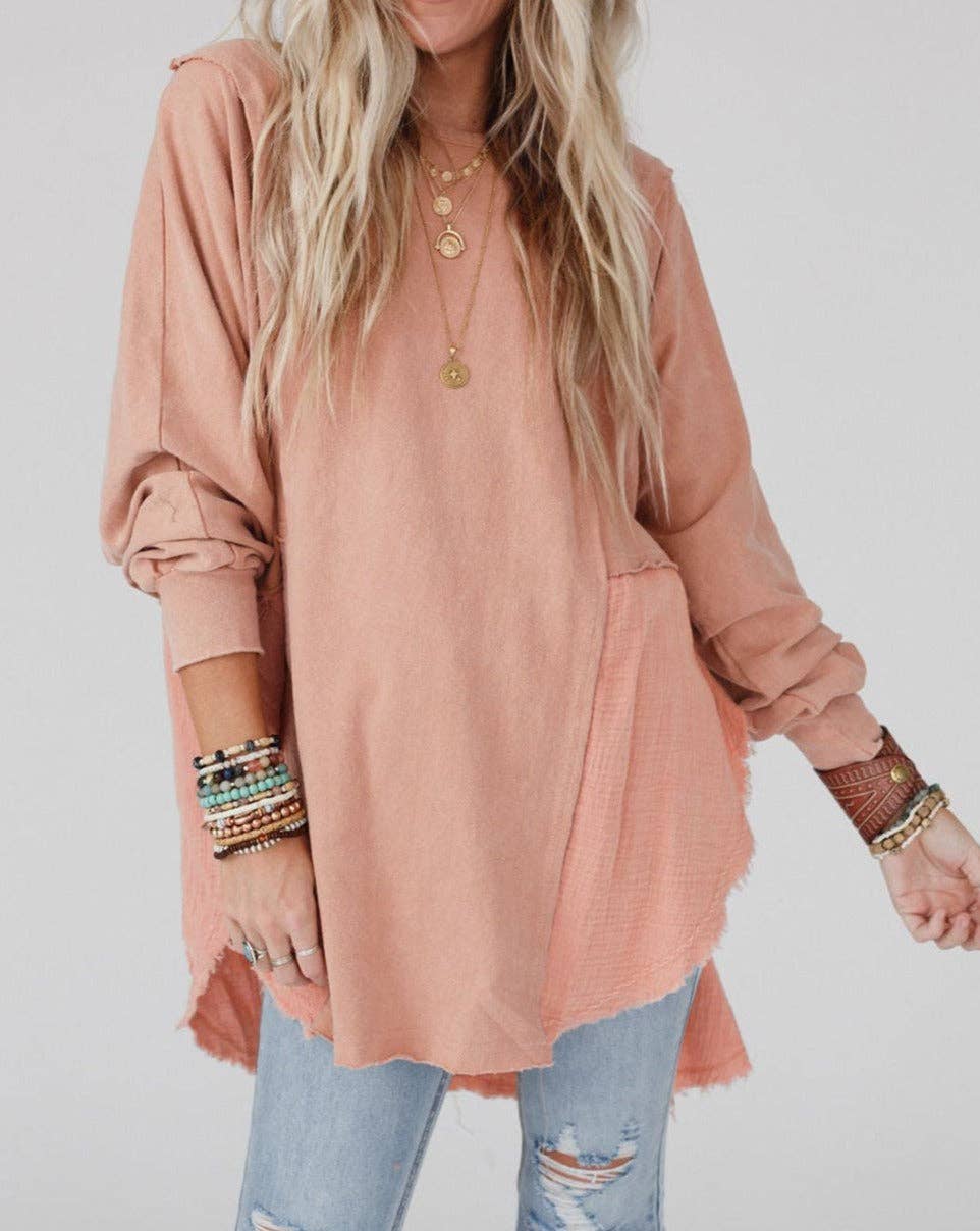 Crinkle Patchwork Raw Edge Blouse: Orange / 80%Polyester+20%Cotton / L