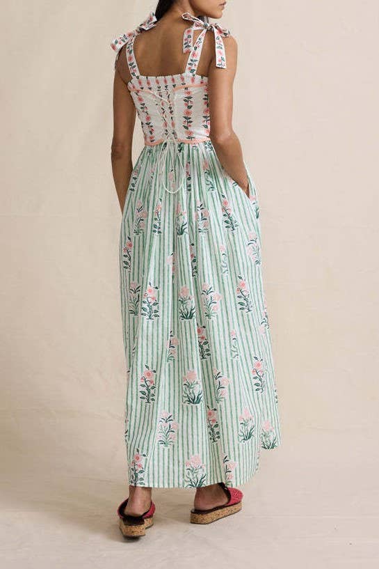 2025 Hanakotoba Floral flare swing dress w bow tie straps: Green / L