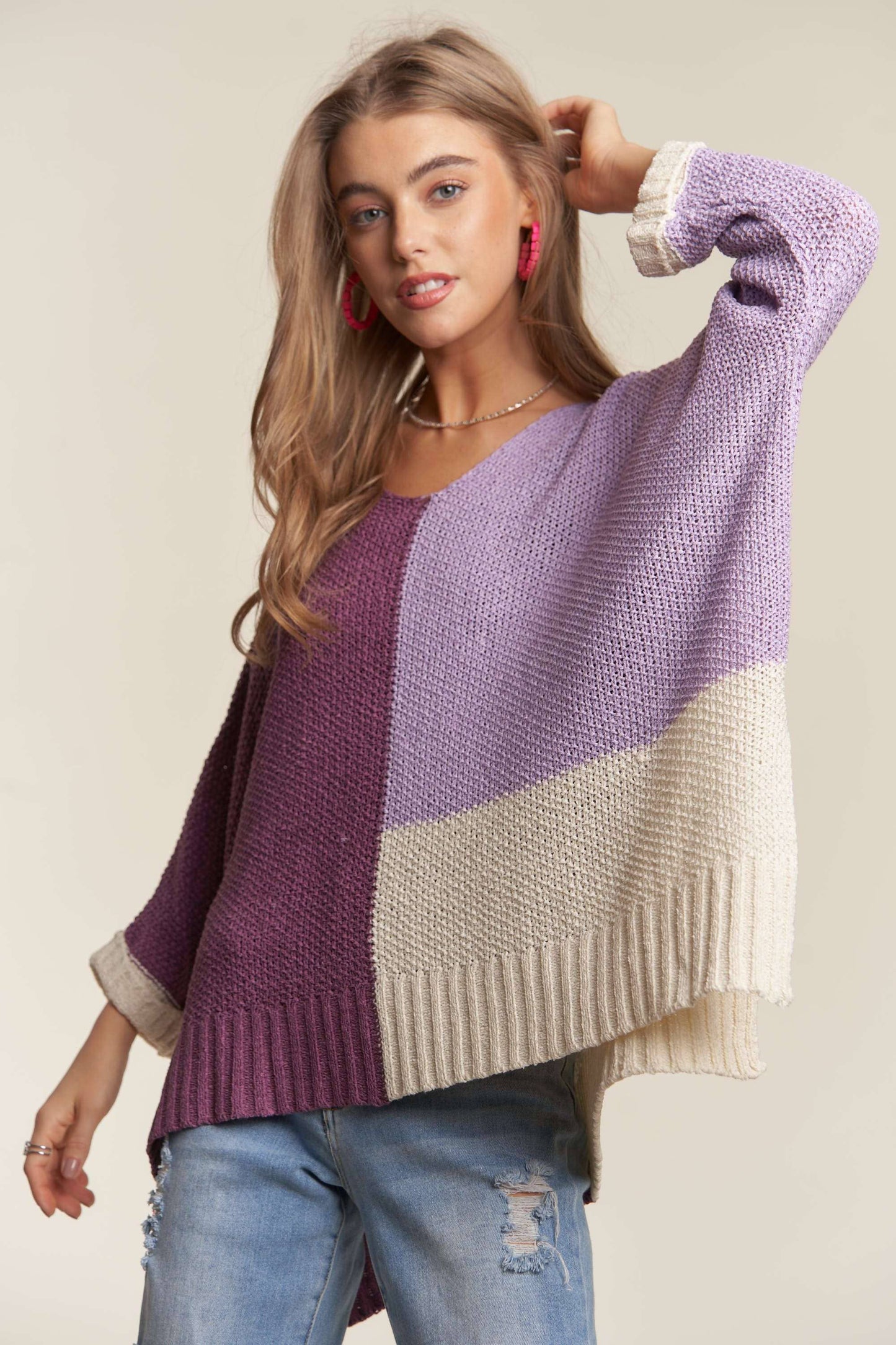 CESW3416 - LIGHTWEIGHT COLORBLOCK SWEATER TOP: LILAC / M/L