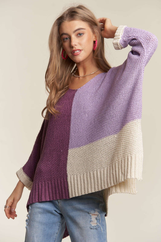 CESW3416 - LIGHTWEIGHT COLORBLOCK SWEATER TOP: LILAC / S/M