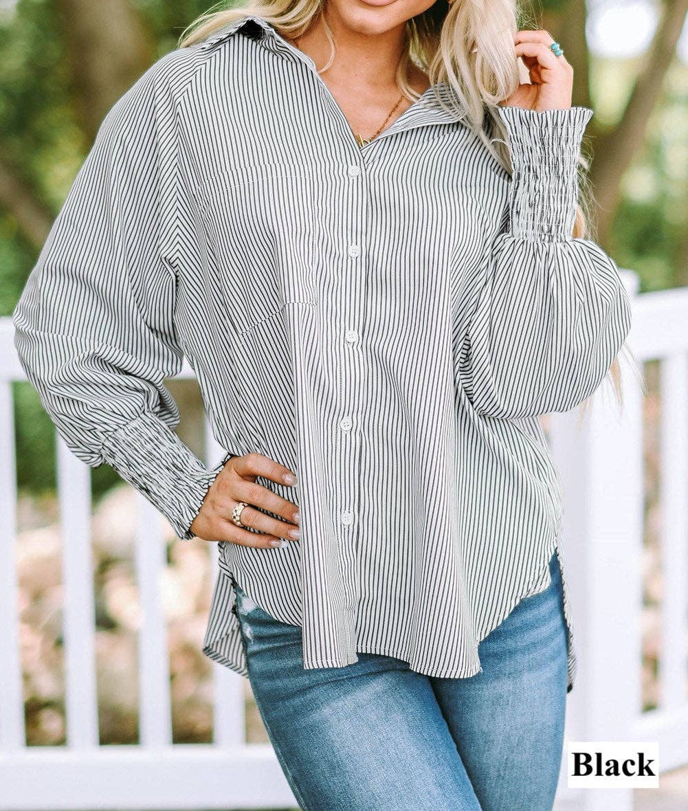 Striped Smocked Sleeve Buttoned Shirt: L / Black