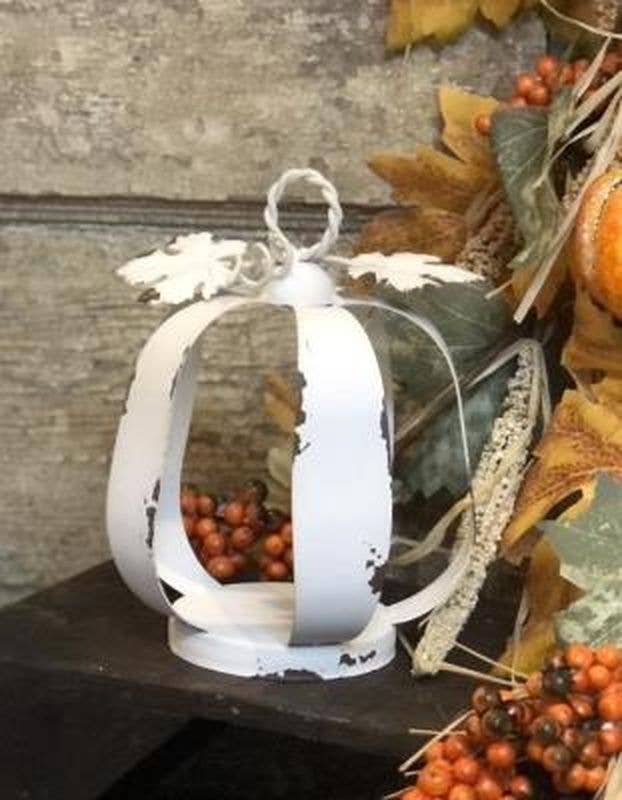 White Distressed Metal Pumpkin Lantern Small