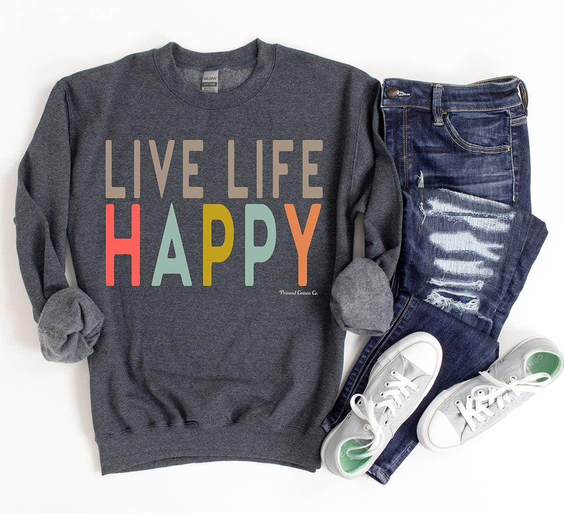 Live Life Happy: Gildan Heather Dark Grey / X- Large