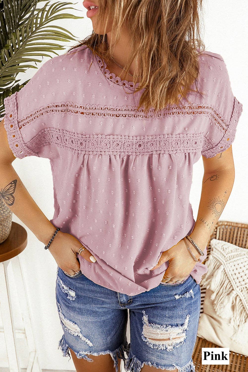 Circle Lace Dotted Top: L / Pink