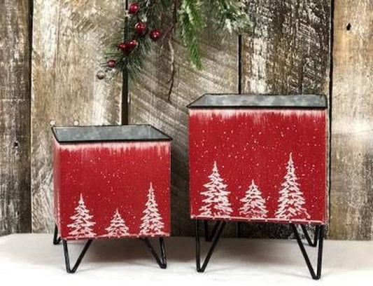 White Washed Red Container with Trees (Set of 2)