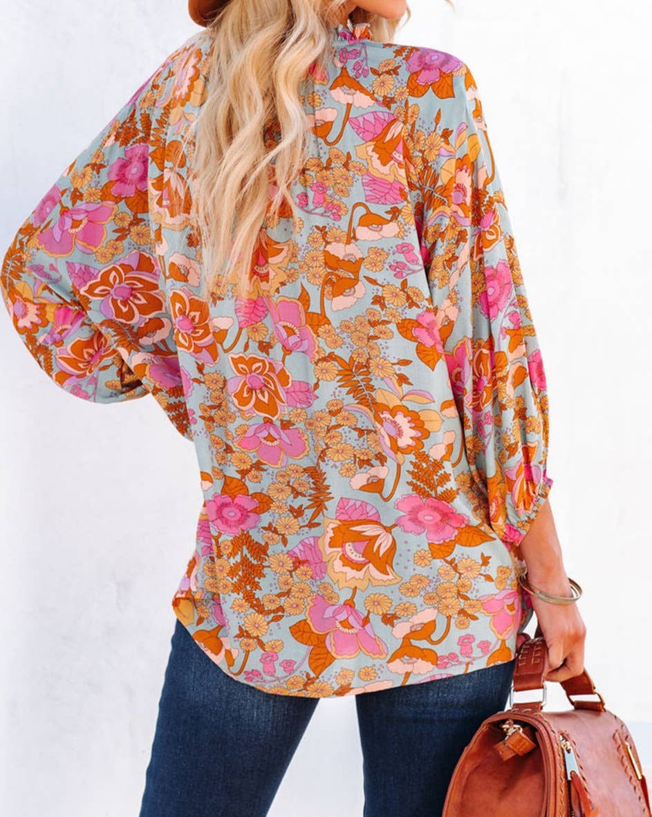 Floral Ruched Split V-Neck Blouse