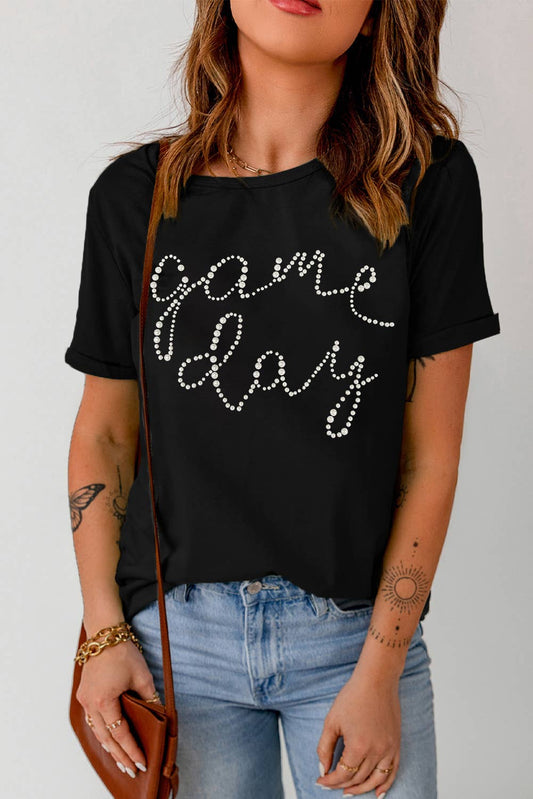 Shiny Rhinestone game day Pattern Crewneck T Shirt: Black / Missy / L