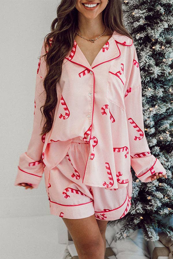 Candy Cane Shirt and Shorts Pajama Set: Pink / 2XL