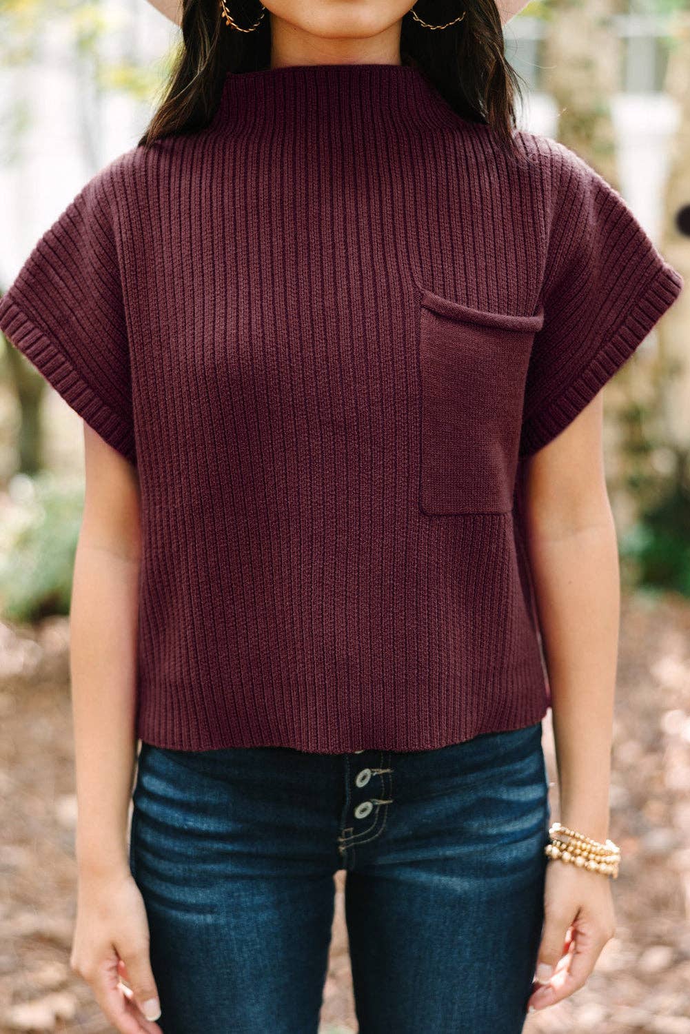 Ribbed Short Sleeve Pocketed Sweater: Mineral Red / 50%Viscose+28%Polyester+22%Polyamide / S