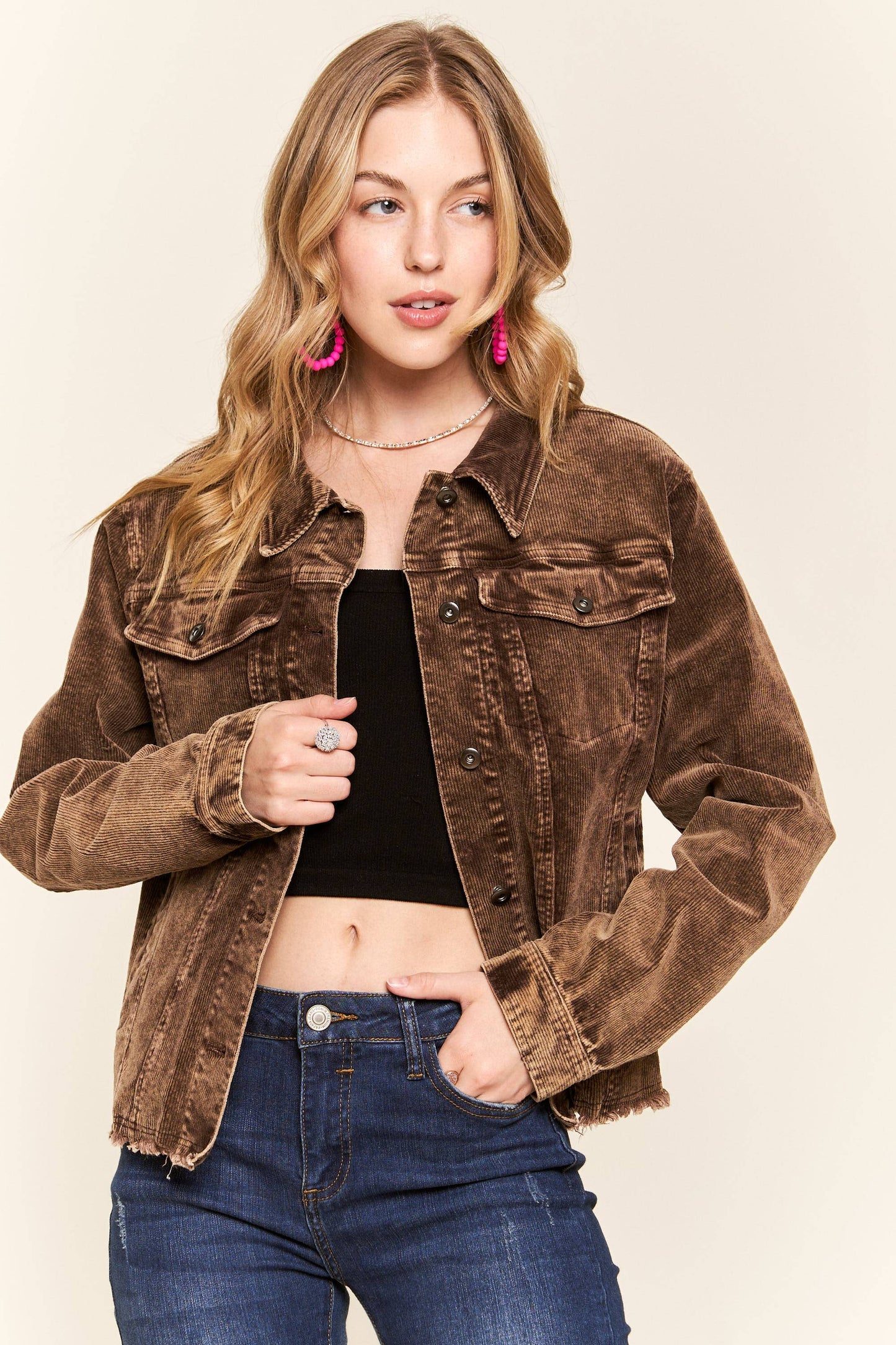 CEJ3662WN - FRAYED HEM CORDUROY JACKET: BURGUNDY / L