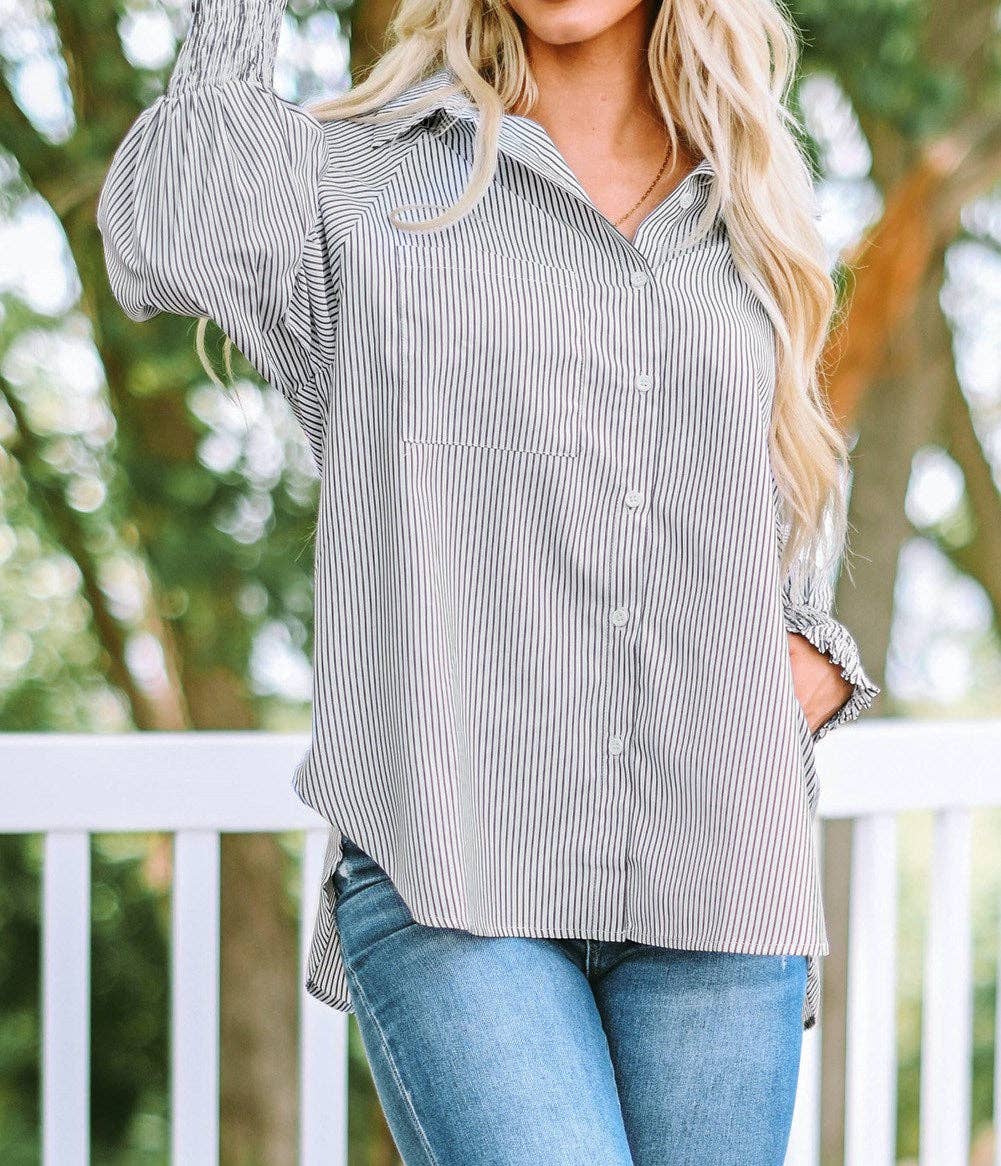 Striped Smocked Sleeve Buttoned Shirt: L / Black