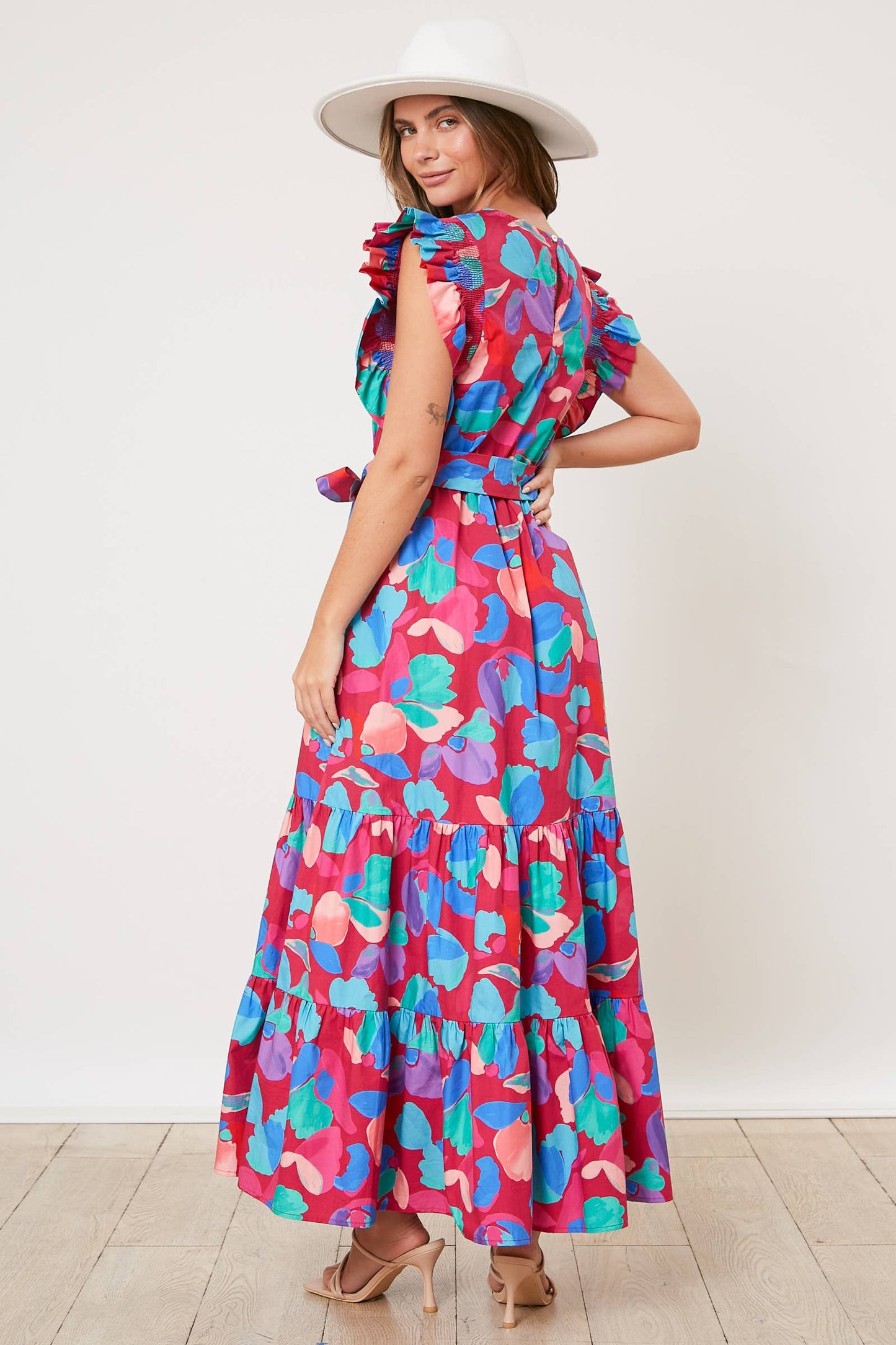 Floral Waist Tie Maxi Dress: PLUM MULTI / S