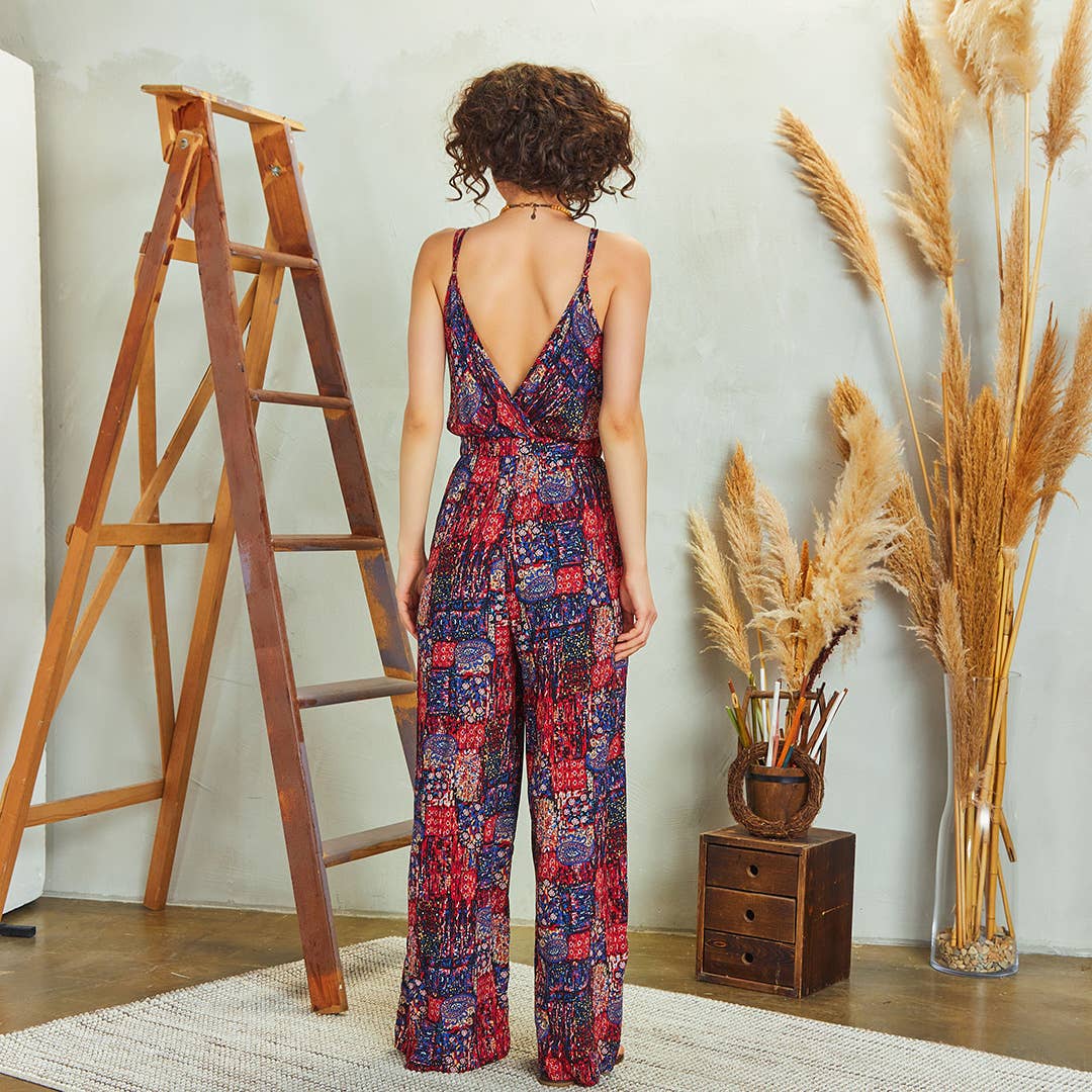 Red Print Wide Leg Jumpsuit