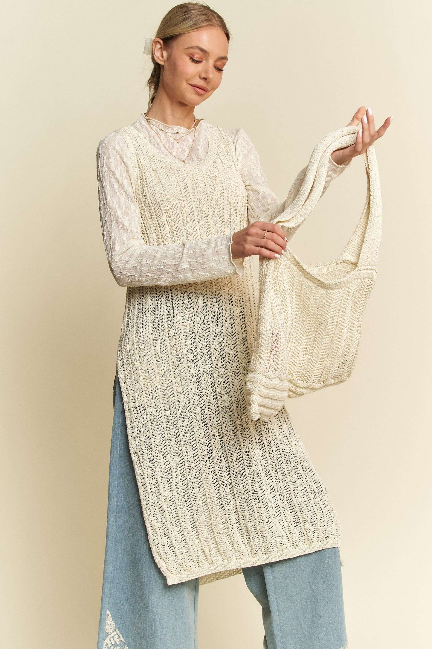 KNIT SIDE SLIT ROUND NECK SLEEVE LESS DRESS & BAG: Beige / L