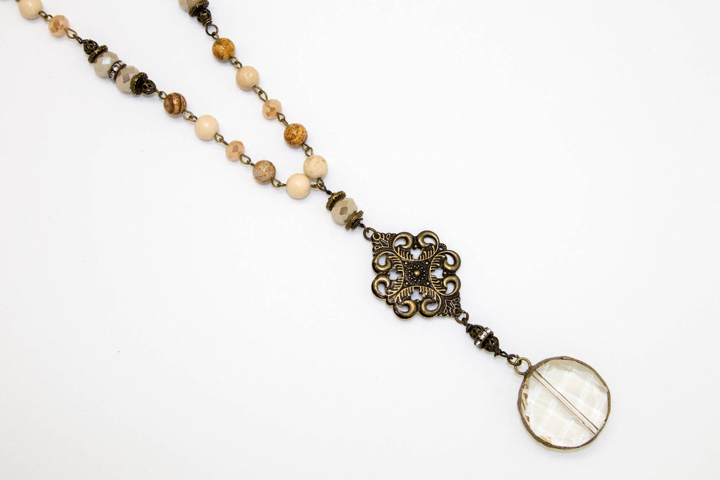 Necklace Long Brown Jasper Chain w/Circle Glass Drop