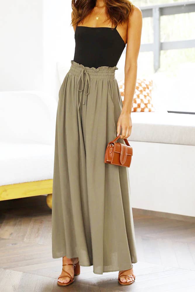 High Waist Wide Leg Pants With Drawstring BTMW245: Black / M