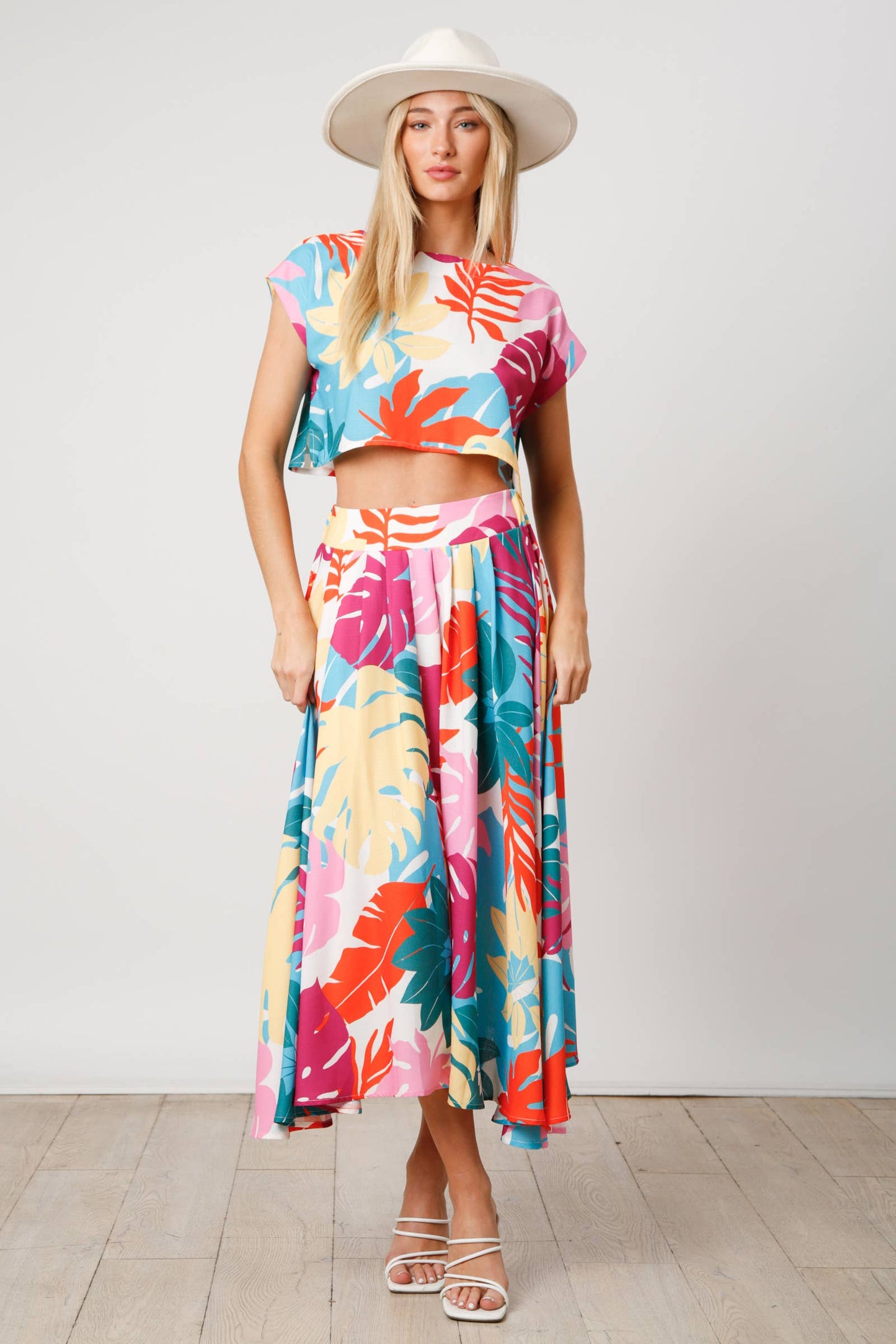 Tropical Print Linen Skirt: BLUE MULTI / L