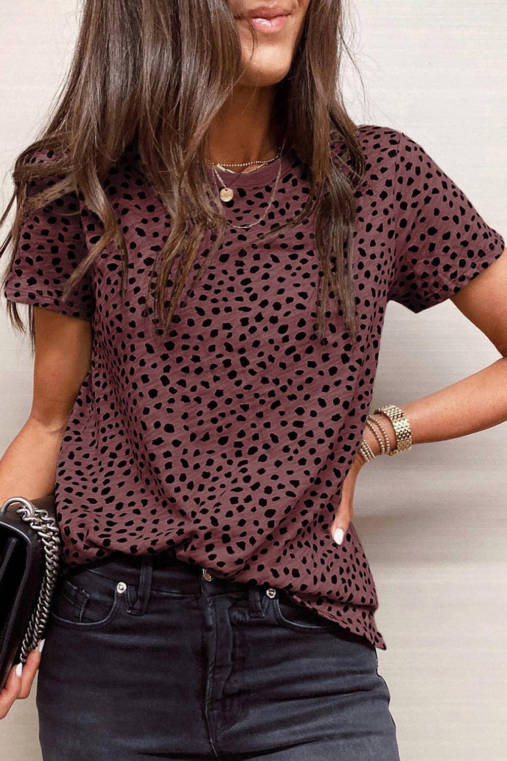 Leopard Print Short Sleeve Spotted Tee T Shirt Top: L / Apricot