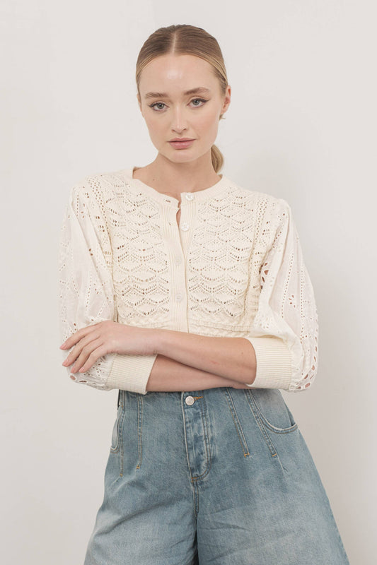 MAS2722 HENDRY 3/4 SLEEVES SEE THROUGH CARDIGAN: Cream / Contemporary / L