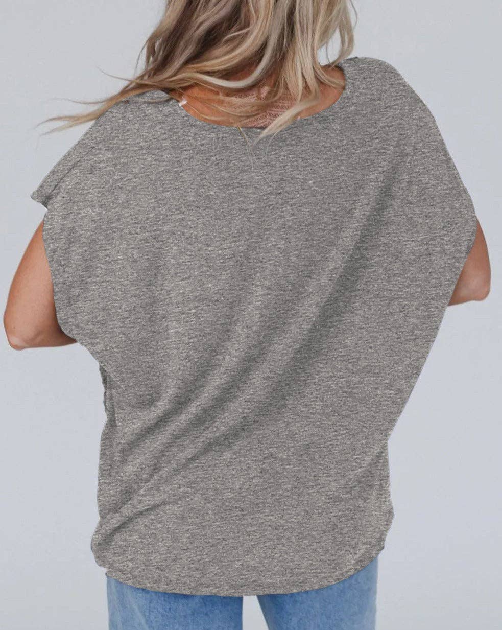 Lace Trim Oversized V-Neck Tee: Gray / L